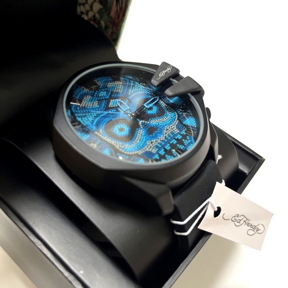 ED HARDY Oversized Skull Beaded Dial Wristwatch Blue Black Silicone Strap Watch - Picture 3 of 7
